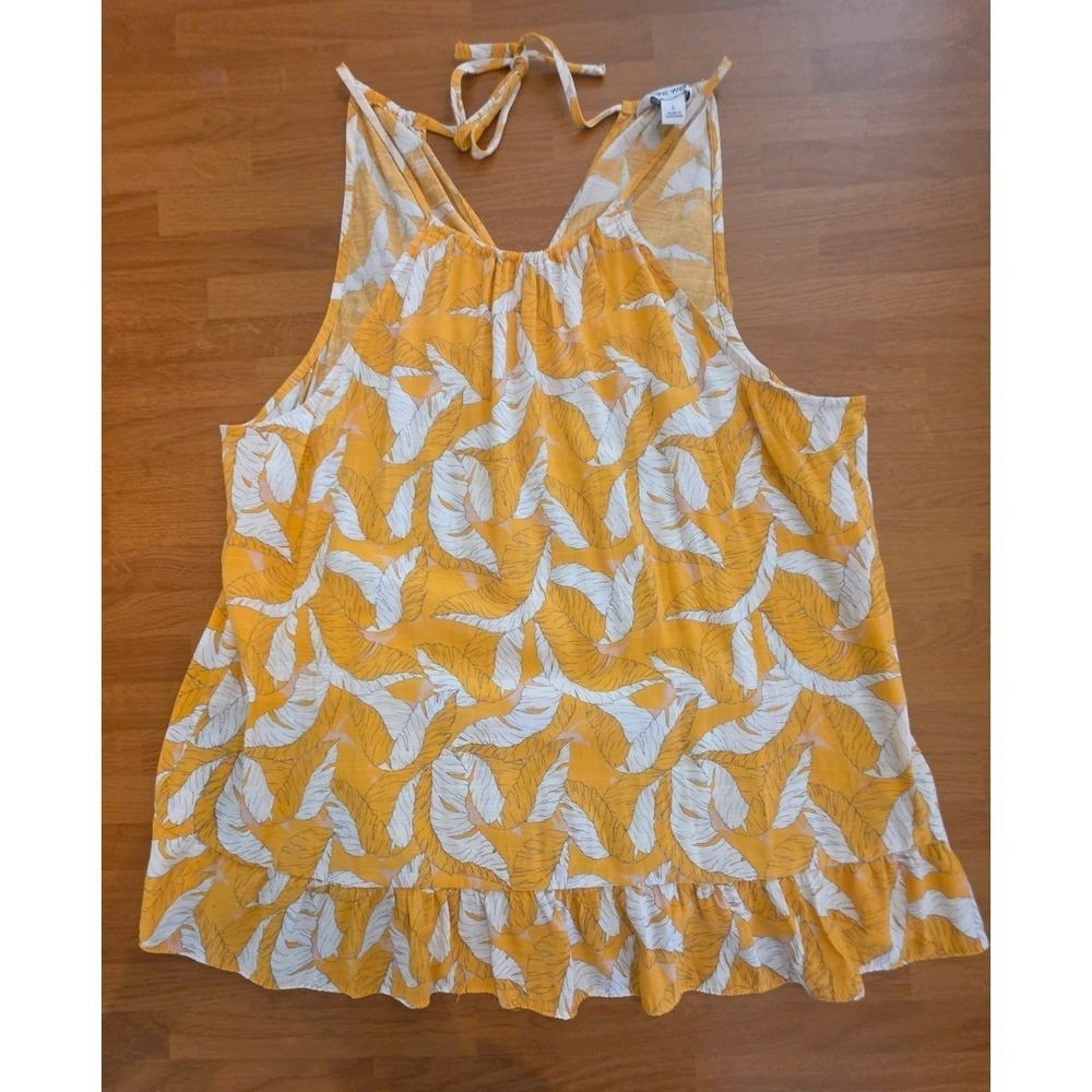 Nine West High Neck Peplum Tank Top Yellow White Tropical Palm Leaf Print Large